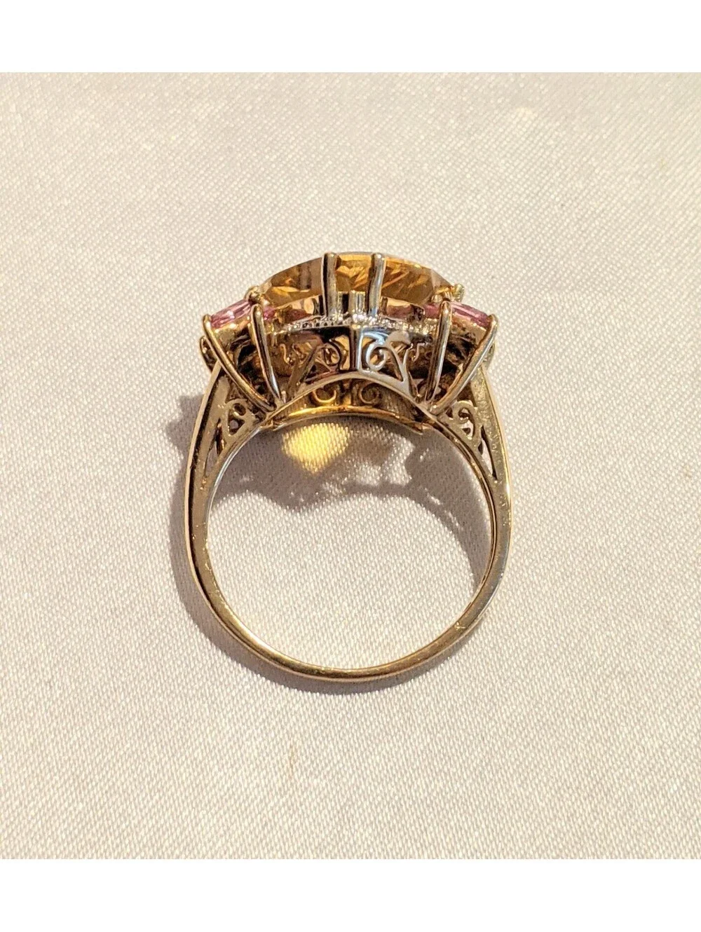 VTG Trillion Cut Citrine And Pink Tourmaline Fancy 10K Gold Cocktail Ring Size 8